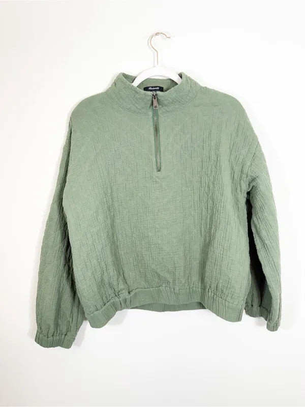 Madewell Diamond Jacquard Half-Zip Pullover Top Faded Palm Green Jacket Large - Image 5