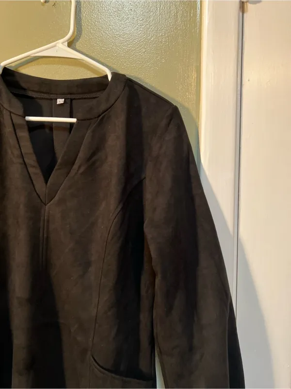 Womens Sz Large Faux Suede Dress Long Sleeve Black V-Neck Pockets Thicker Weight - Image 5