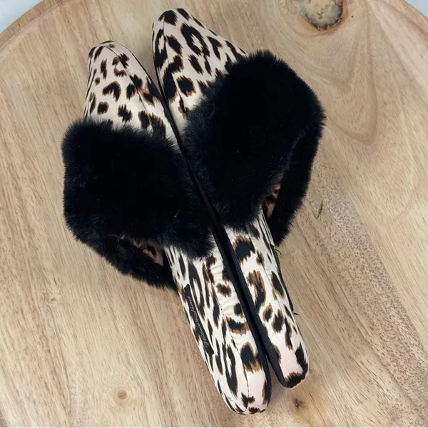 Victorias Secret Leopard Print Faux Fur Trim Satin Slippers‎ Tan Black Medium - Image 6
