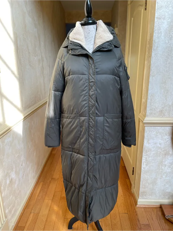 Mango Basics Long Hooded Puffer Coat Olive Green Sherpa Lined Quilted Jacket M - Image 7