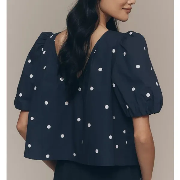 Anthropologie Maeve Puff-Sleeve Swing Blouse in Blue Dot Women’s Sz. S - Image 2