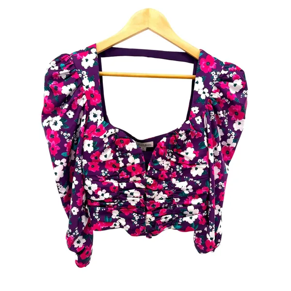 For Love‎ & Lemons Penny Purple Floral Ruched Puff Sleeve Crop Top Small Revolve - Image 3