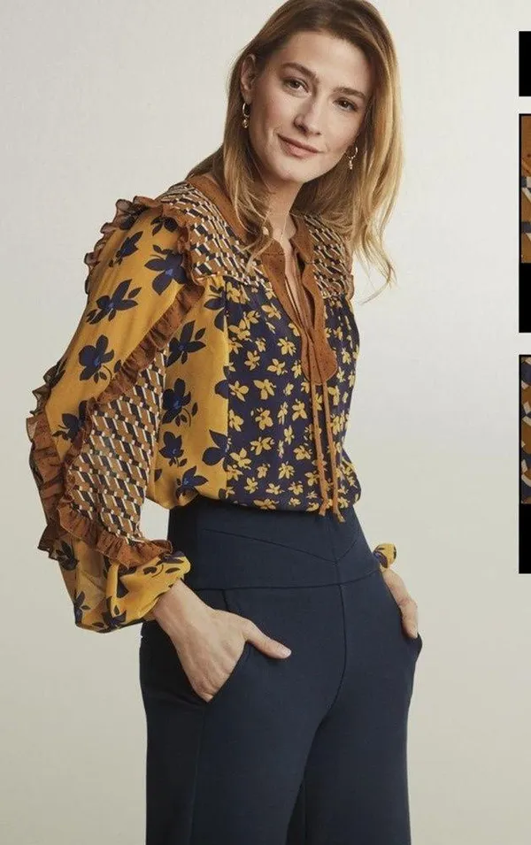 Cabi Harmony Gold Navy Ruffle Floral Peasant Semi Sheer Blouse Top XS - Image 15