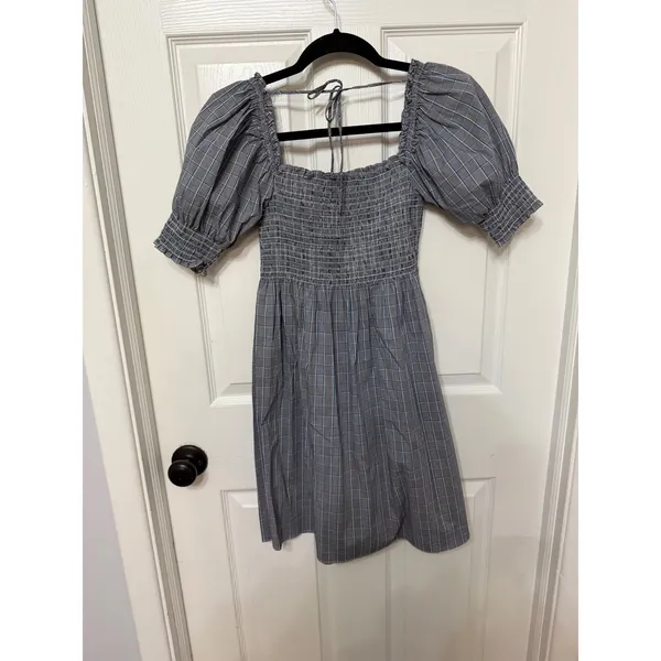 Hill House Home The‎ Athena Nap Dress Blue Grey Plaid Smocked Mini Dress XS - Image 8