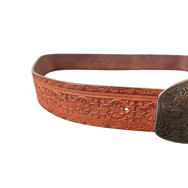 Vintage 1994 Embossed Leather Western Belt Floral Scroll Buckle Brown L - Image 2
