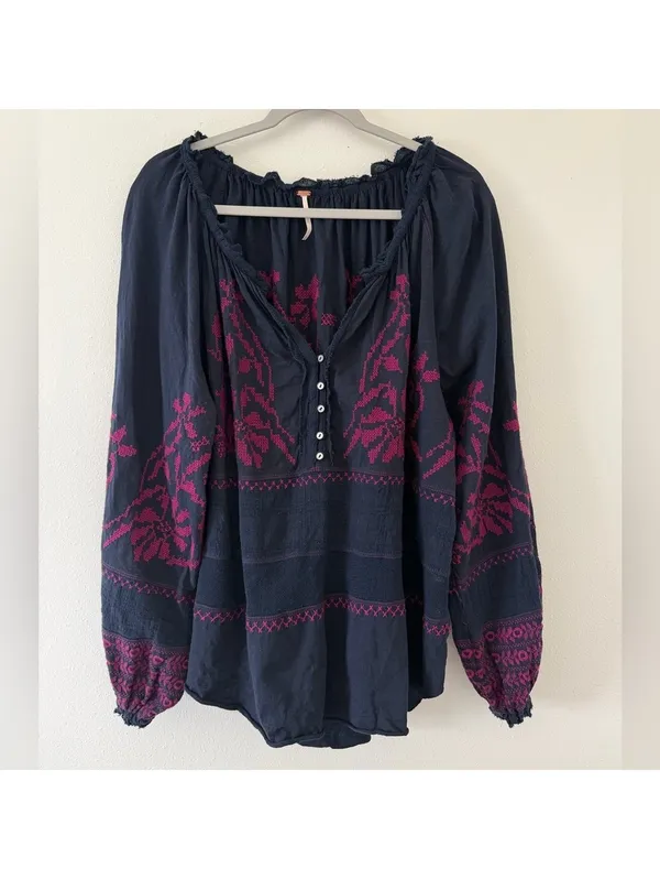 Free People Persuasion Embroidered Boho Chic 100% Cotton Floral Blouse -medium - Image 7