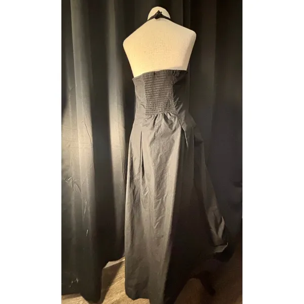 Black Halter Maxi Dress Square Neck Pleated‎ A-Line Gown with Pockets - Image 11