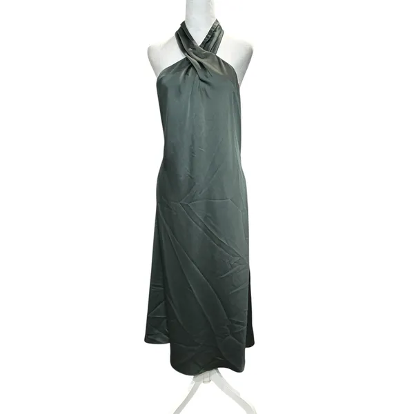 BHLDN Ruby Satin Charmeuse‎ Halter Maxi Dress Size 14 Sage Green Backless - Image 3