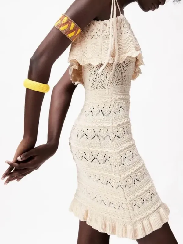 Zara Beige Crochet Knit Mini Dress - Image 3