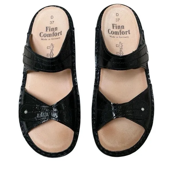Finn Comfort 37D/6 Catalina Black Patent‎ Leather Soft Footbed Sandals EUC - Image 5