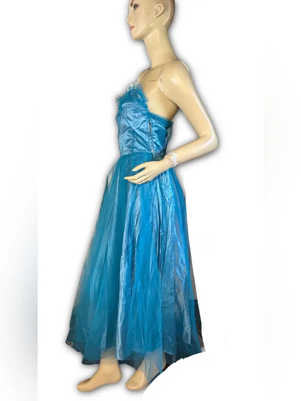 Vintage 1950'S Turquoise Blue Satin & Tulle Strapless Party Dress (Xs) - Image 5