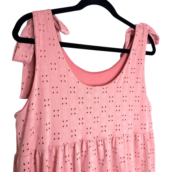 SPLA Eyelet Tie Shoulder Tiered Mini Dress Size Large Pink Cottagecore Easter - Image 9