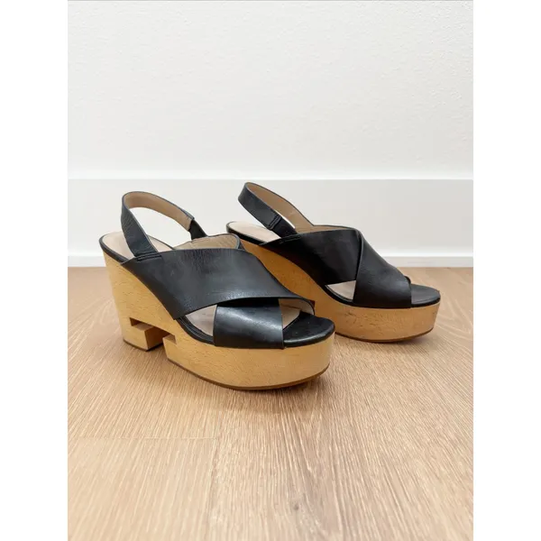 Tory Burch Black T Criss-Cross Wood Wedge Platform Boho Chunky US 6.5 - Image 2