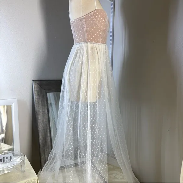White Fox Boutique Strapless maxi sheer Dress in Pink and White - Image 12