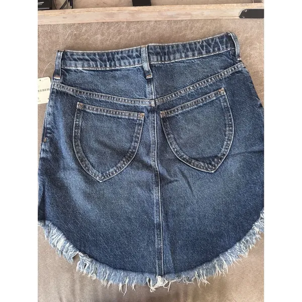 Free People We The Free Bailey Denim Mini Skirt Blue Fray Asymmetric Hem 25 NWT - Image 5