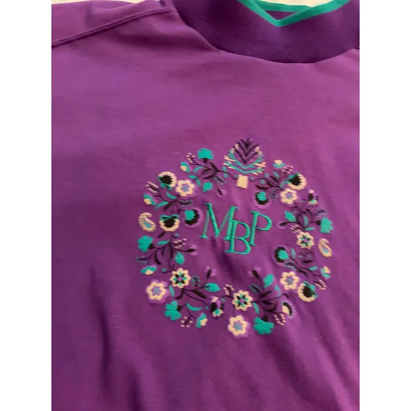 Vintage Grannycore Purple Sweatshirt Floral Embroidered Mock Neck M‎ - Image 5