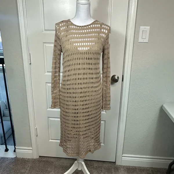 Zara Classic Open Knit Boho Crochet Lined Midi Length Dress in Tan Size Medium - Image 10