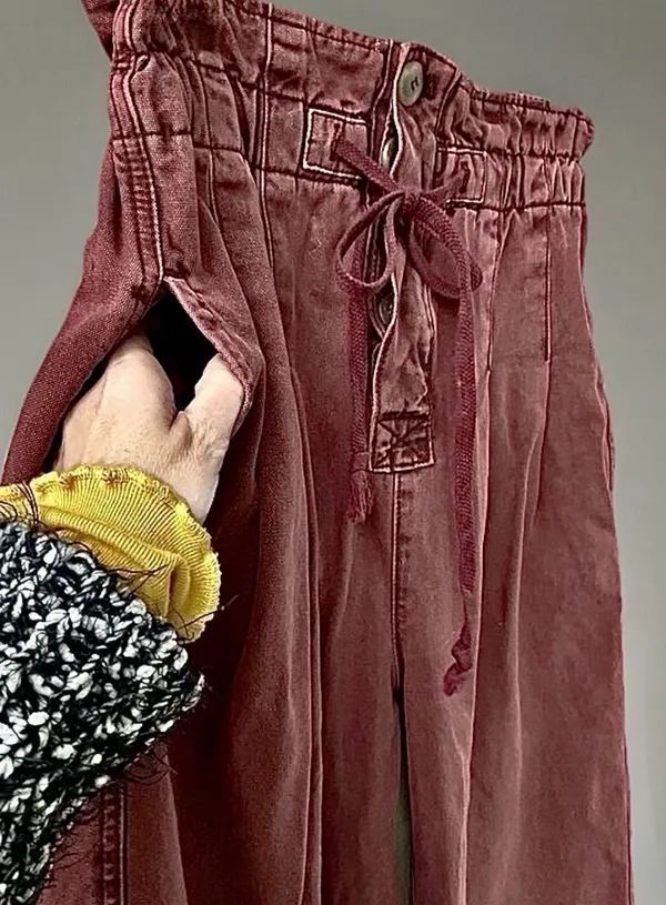 Free People NWOT Margate Pleated Paperbag Waist Burgundy Drawstring Pants, XS - Image 7