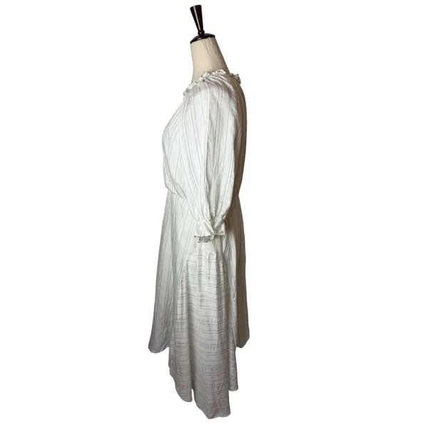Maison Tara Midi Dress Womens 10 White Striped Excellent Ruffle Wrap V-Neck Puff - Image 4