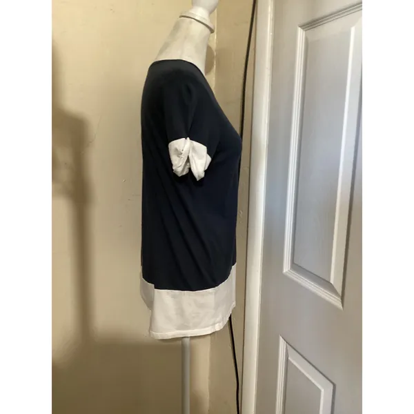 Vince Navy Blue White Colorblock Short Sleeve Top XS Crew Neck Cuffed Sleeve - Image 2