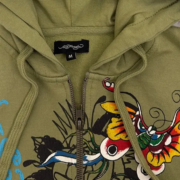 Ed Hardy Butterflies Y2K Olive Green Full Zip Cropped Hoodie Sweatshirt Medium - Image 3