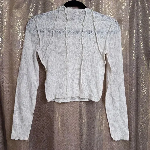 Kimchi Blu Ivory Blair Long Sleeve Lace Mock Neck Sheer Crop Top XS - Image 5