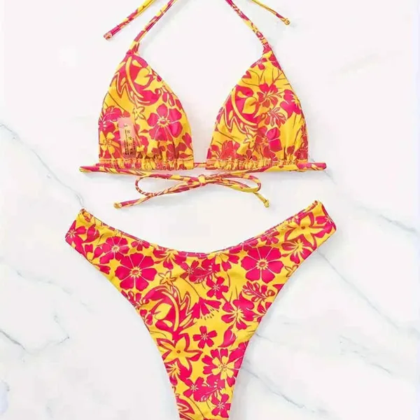 Shein Pink and Yellow Floral Print Two Piece Bikini Size Small - Image 2