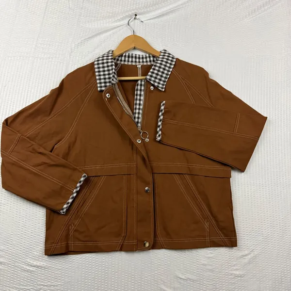 Brown Canvas Utility Jacket Gingham Trim Contrast Stitch Workwear Small - Image 2