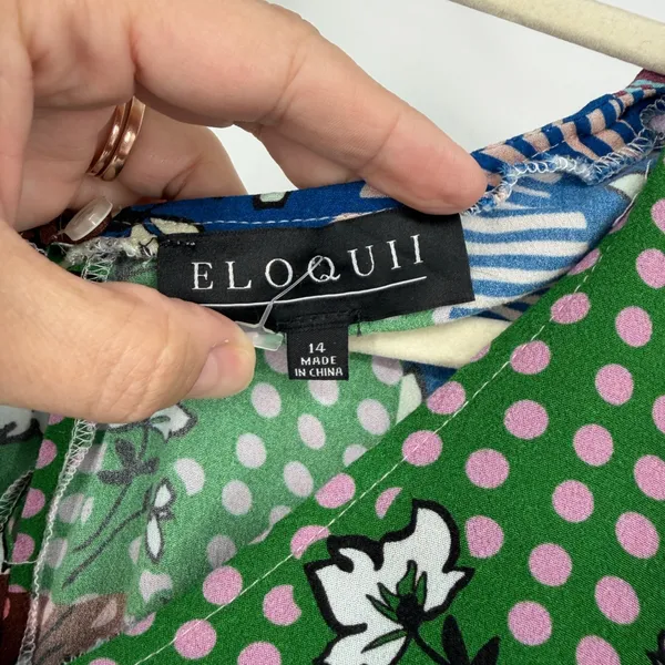 Eloquii Patchwork Floral Polka Dot Bell Sleeve Mini Dress Size 14 Fall Leaf - Image 5