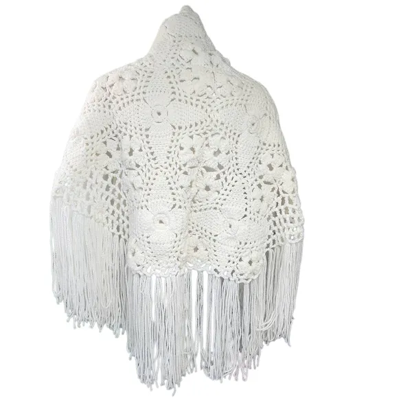 Hand Crafted Crotched Off White Fringed Hem Shawl - Image 3