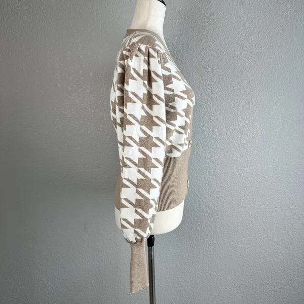 Joie Crop Houndstooth V-Neck‎ Button Cardigan Size XS Puff Sleeve Beige White - Image 6