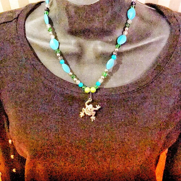 2$30 New silver frog necklace on beaded chain in blue - Image 2