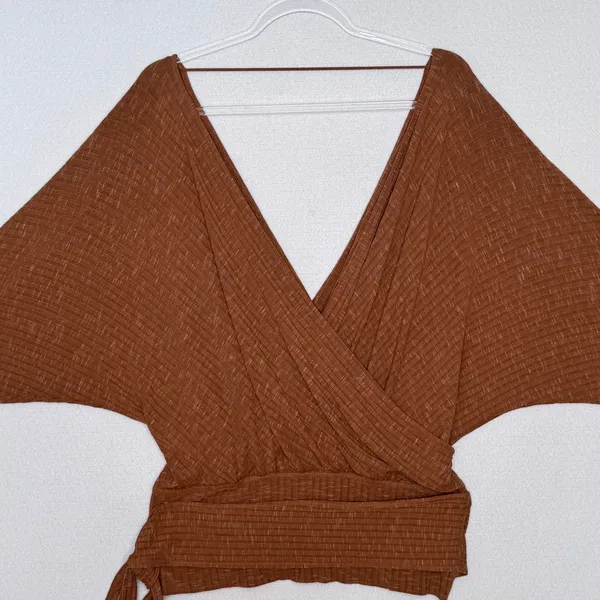 Free People East Coast Wrap Top Moroccan Spice Ribbed Knit Tie Waist NWT L - Image 13