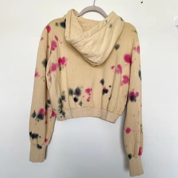 NEW AFRM Cropped Hoodie Sweatshirt SMALL Beige Tan Pink Tie Dye Drawstring NWT - Image 9
