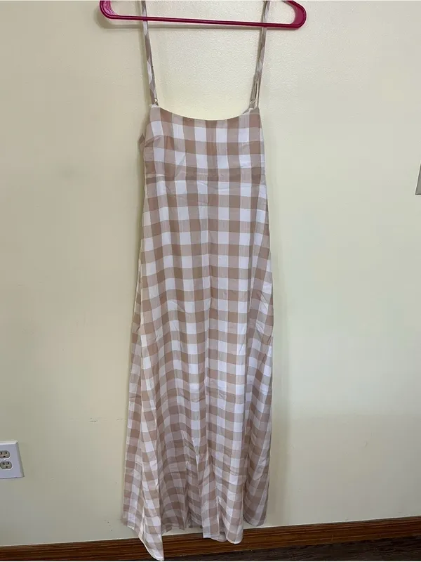 NEW Altar’d State Tan and White Gingham Maxi Dress Size Medium Available - Image 3