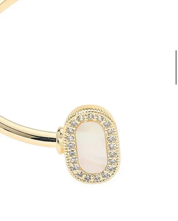 14k Gold Pave Rim Mother Of Pearl Oval Tip Cuff Bracelet - Image 3
