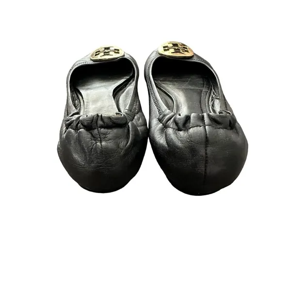 Tory Burch Reva Black Leather Gold Logo Medallion Ballet Flats Size 7 - Image 4
