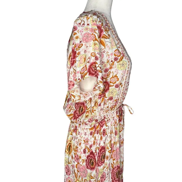 Vivimos Floral Maxi Dress L Prairie Flowy Relaxed Romantic Henley Elastic Waist - Image 9