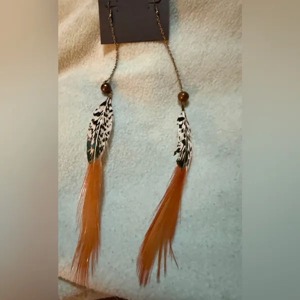 Feather Drop Earrings with Orange and Black Accents - Image 4