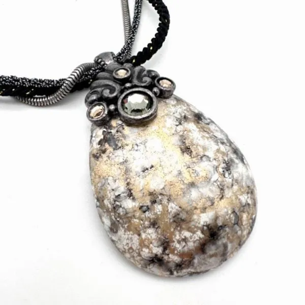 Chico’s marbled rhinestone beaded‎ corded layered silvertone necklace pendant - Image 3