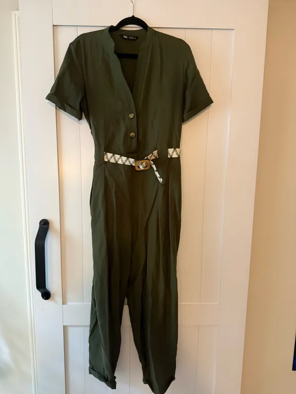 Zara Olive Green Short-Sleeve Utility Jumpsuit with Woven Belt - Image 3
