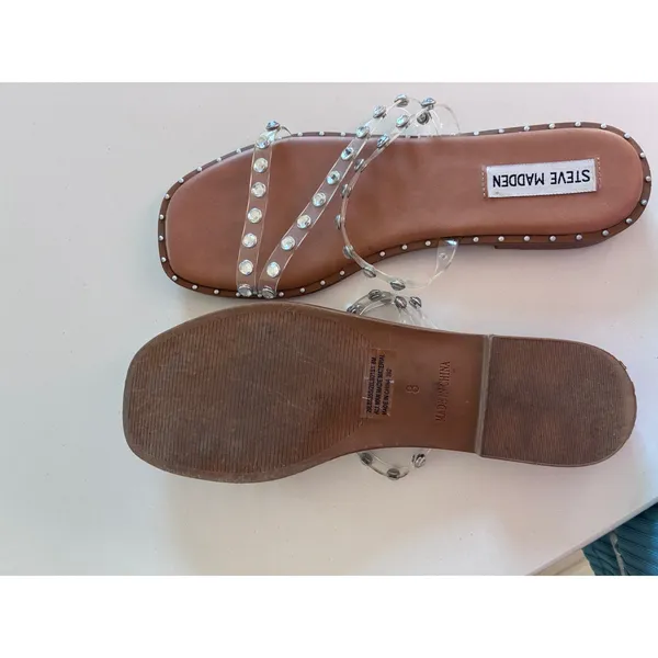 Steve Madden Skyler Clear Rhinestone Studded Square Toe Slide Sandals Tan 8 - Image 2