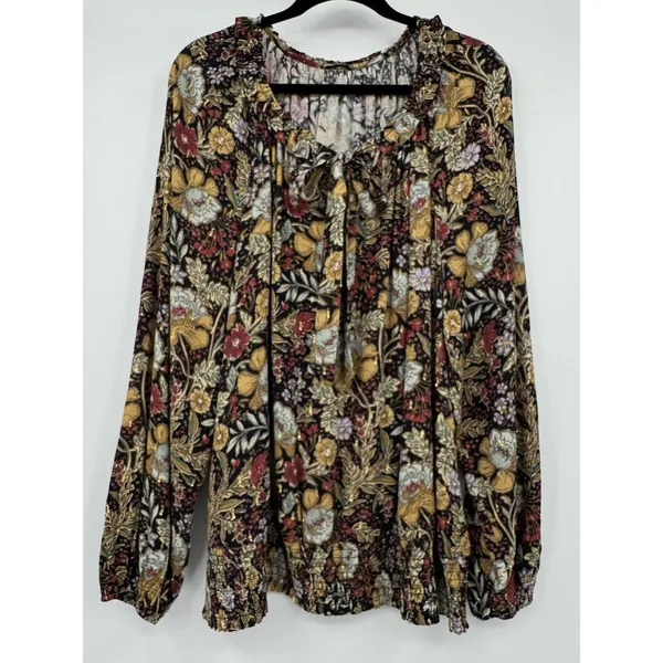 DR2 by Daniel Rainn Black Blouse Sz XL Multi Floral Metallic Gold Tie Front Boho - Image 3