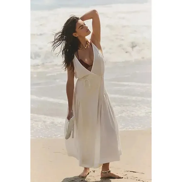 FREE PEOPLE FREE-EST MAISIE MIDI WRAP DRESS TIE SHOULDERS SMALL IVORY Cotton - Image 2