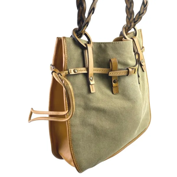 Gucci Women's Gray Green Braided Leather Straps Canvas Tote Shoulder Hand Bag - Image 4