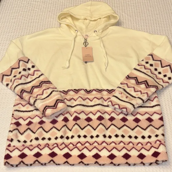 NEW! COMO VINTAGE Fleece Hoodie Sweatshirt Size L Ivory Pink Purple Geometric - Image 14