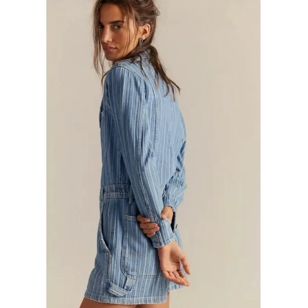 Free People Downtown Denim Railroad Patchwork Coveralls Romper Small Bohemian - Image 12