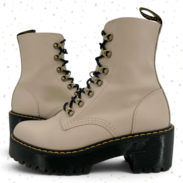 Dr. Martens Leona Boots Vintage Taupe Cream Lace Up Platform Heels Fall Size 7 - Image 2