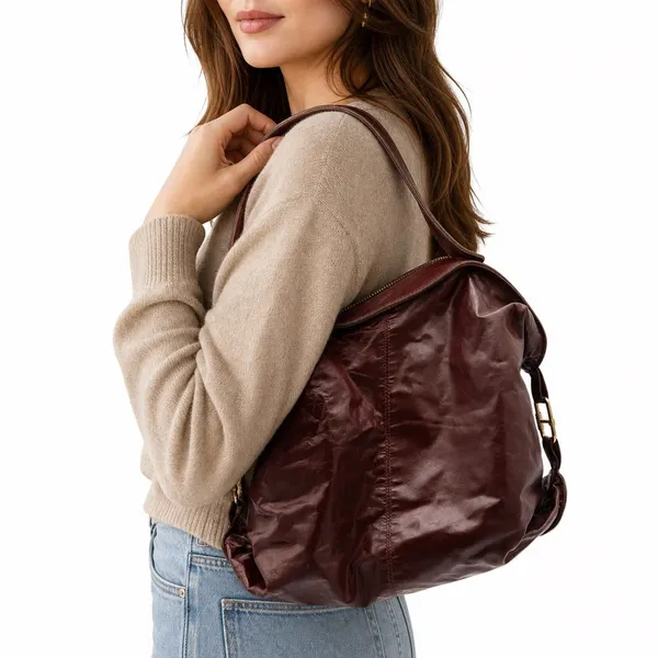 Unbranded Hobo Bag Womens OS Slouchy Burgundy Leather Large Zip Top Good - Image 2