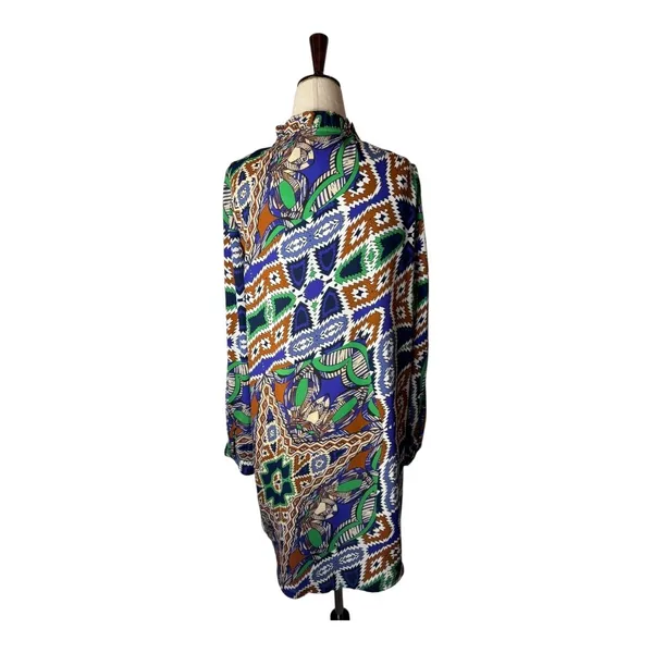 Joy Joy Dress Women Medium Blue Green Abstract‎ Long Sleeve Ruffle Neck Mini - Image 2